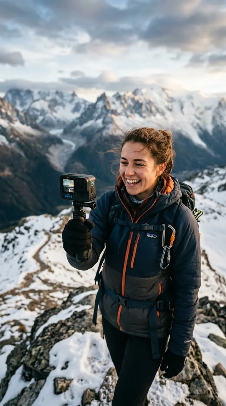 Hiker filming with an action camera in the mountains